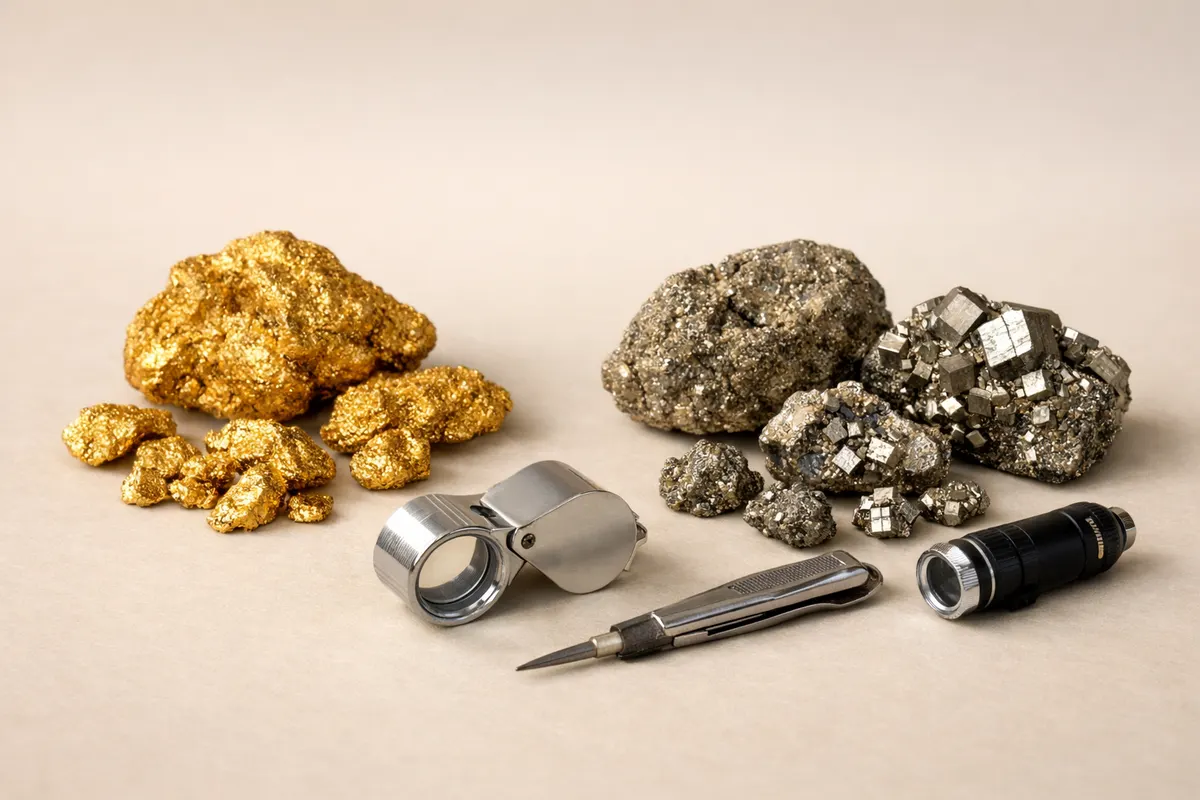 Gold Detector - Goldiva educational checklist showing visual gold vs clues, lookalike warning labels, and verification steps