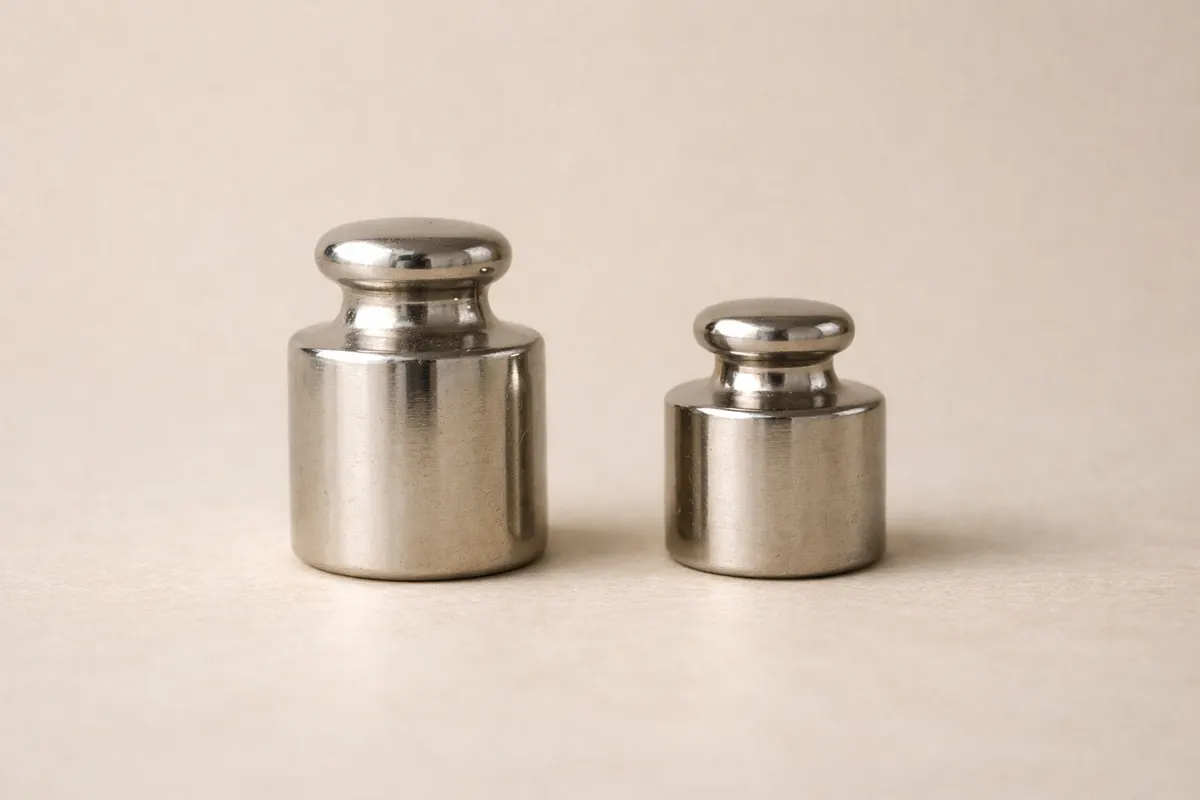 Two unlabelled metal calibration weights of different sizes on a tabletop, illustrating a comparison of mass units.